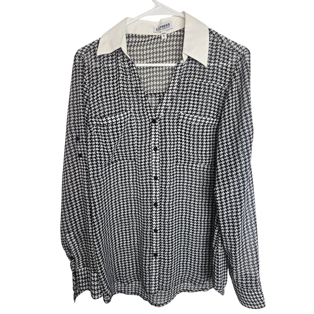 Express Womens Houndstooth The Portofino Shirt Sz M Sheer Career Corp Boss Babe
